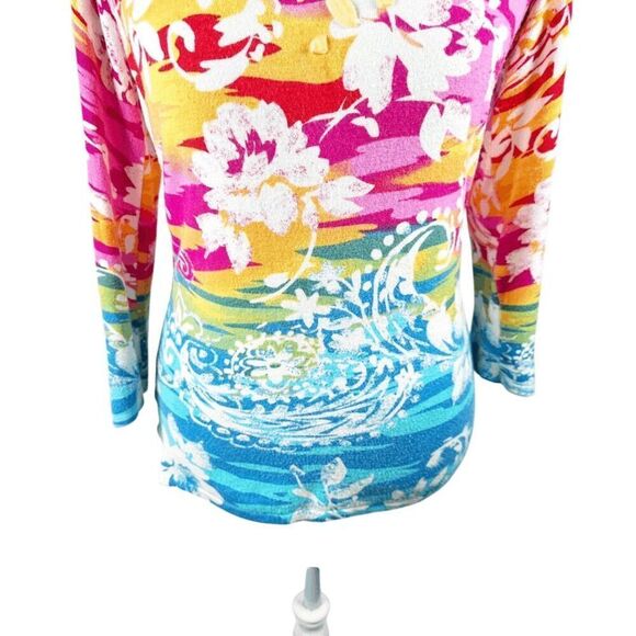 Boston Proper Multi Color Floral Knit Top Beaded jewel neckline Spring Size M - Picture 3 of 10